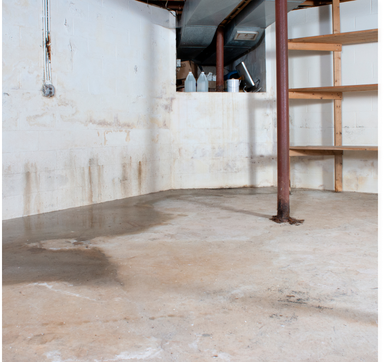 Basement with water-stained walls and floor, metal support beam, and wooden shelves.