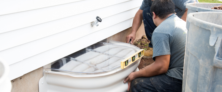 Two men installing a basement window well cover with a level on top for alignment.