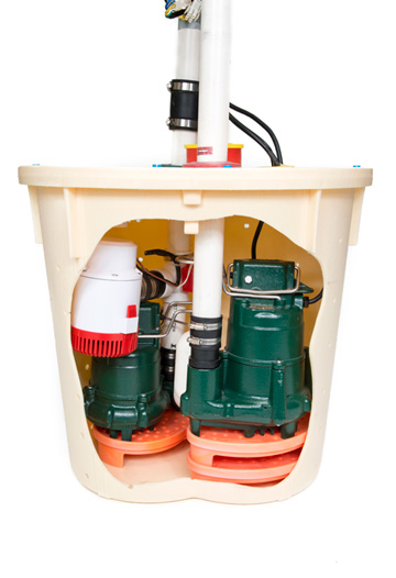 A sump pump system with dual pumps inside a beige container.