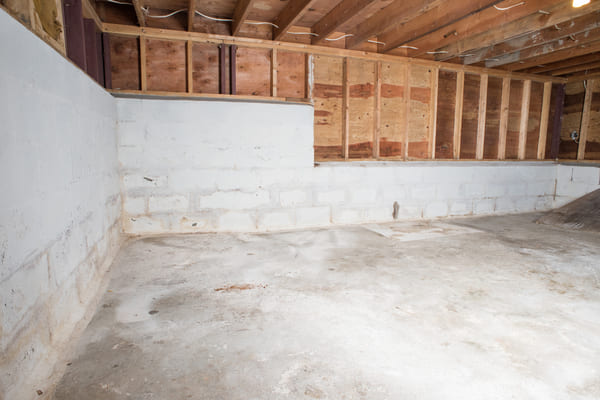 Unfinished basement with concrete floor, exposed wooden framing, and block walls.