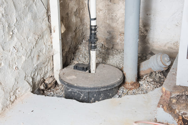 Sump pump in a basement corner with rough concrete and exposed pipes.