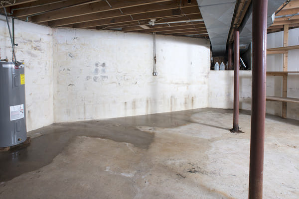 Empty basement with exposed ceiling, stained concrete floor, and water heater.