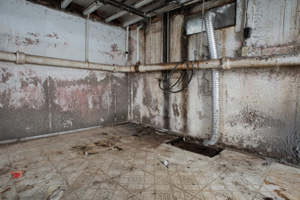 Abandoned basement with exposed pipes, moldy walls, and a damaged floor.