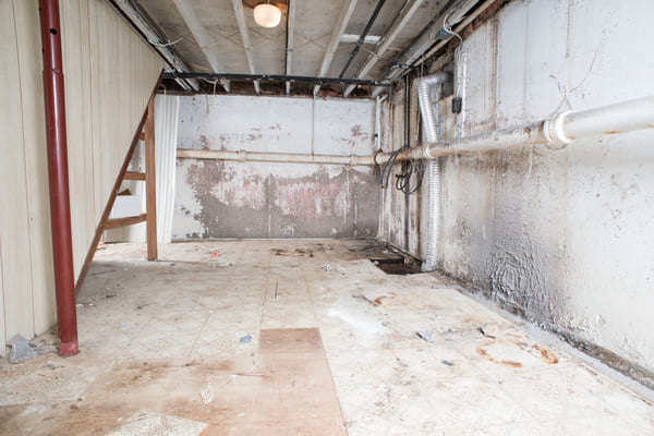 Dirty basement with exposed pipes, moldy walls, and scattered debris on the floor.