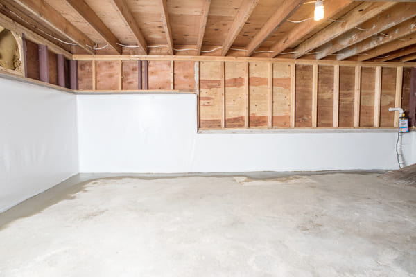 Partially finished basement with white painted block walls and exposed wooden framing.