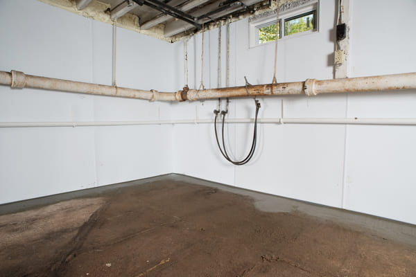 Clean basement with exposed pipes, white walls, and a concrete floor.