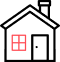 A simple red house icon with a black roof and walls.