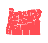 Red silhouette of the state of Oregon.