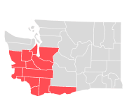 Map highlighting the 6th congressional district of Washington state in red