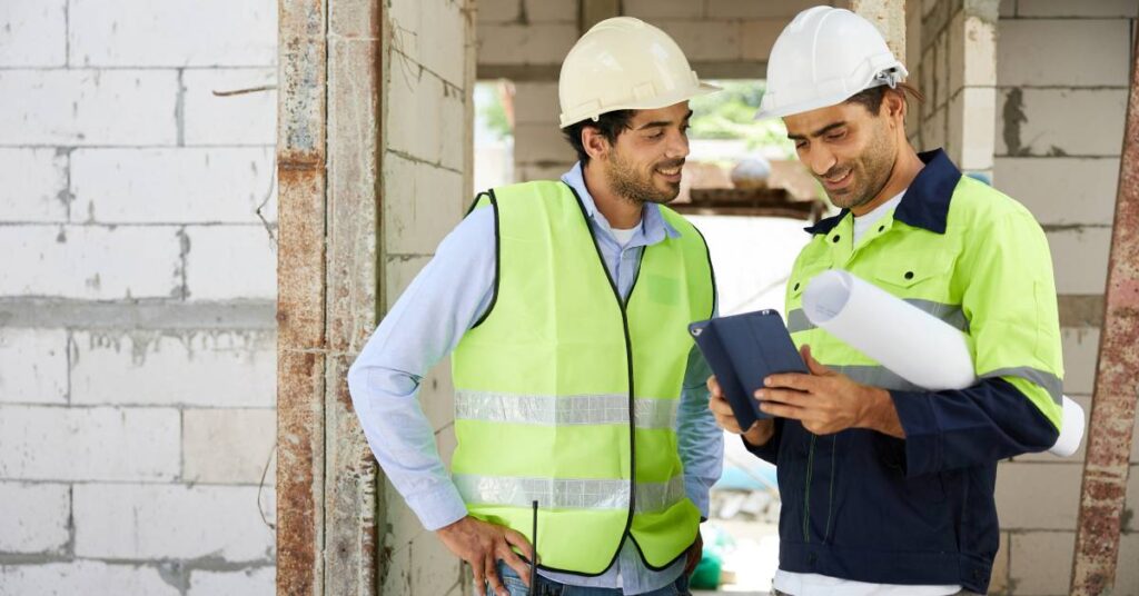 On a construction site, two repairmen wear reflective vests, hard hats, and walkie-talkies. They hold a rolled-up blueprint sheet and look at a tablet.